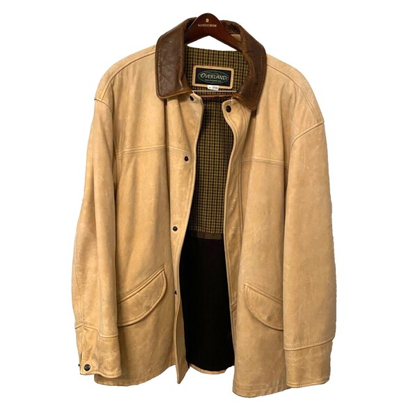 Vtg OVERLAND Leather Wool Jacket Coat Men's 52 USA Made Beige Brown Houndstooth